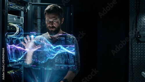 Man Interacting with Futuristic Digital Interface.