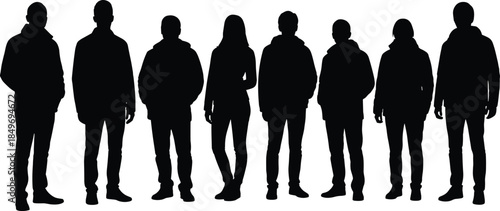People silhouettes standing side by side in casual clothing, representing youth culture, diversity, unity, community identity, and modern social group concepts