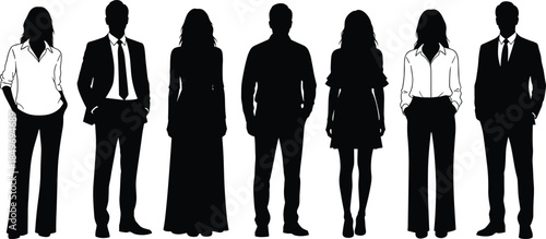 Professional people silhouettes in a row, men and women in business and smart casual clothing, modern workforce, teamwork, and corporate diversity concept