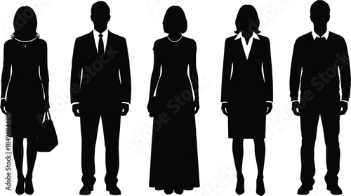 Professional men and women silhouettes standing together in formal attire, representing corporate identity, gender diversity, leadership, and modern business workforce