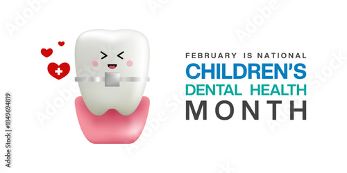 February is National Childrens Dental Health Month. Sweet tooth, braces and heart. Great for cards, banners, posters, social media and more. White background.  