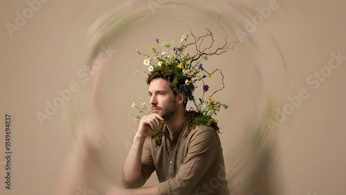 Man Contemplating with Floral Crown on Head.