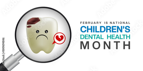 February is National Childrens Dental Health Month. Tooth, magnifying glass and heart. Great for cards, banners, posters, social media and more. White background.  