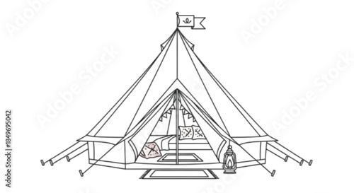 Cozy bell tent set up for comfortable outdoor adventure with warm lighting