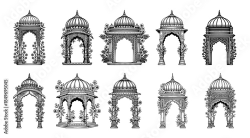 Collection of decorative Rajasthani Mandap and Chhatri vector illustrations in black and white, featuring intricate pillars and jaali work for Hindu marriage card designs.