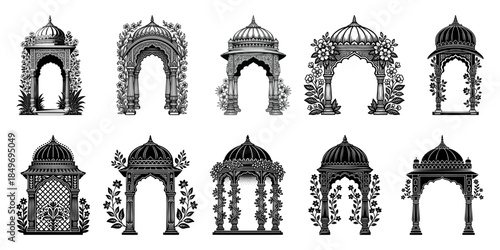 Set of ten traditional Indian architectural vector arches and domes with floral decorations, perfect for royal wedding invitations, Kankotri, and vintage frame designs.