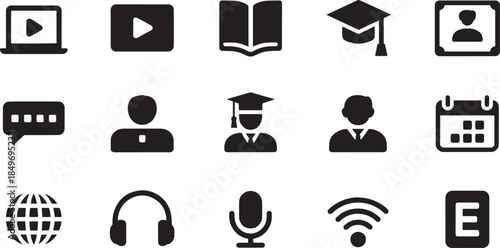 Online Education Icons Set with Graduation Cap, Video, and Internet Symbols