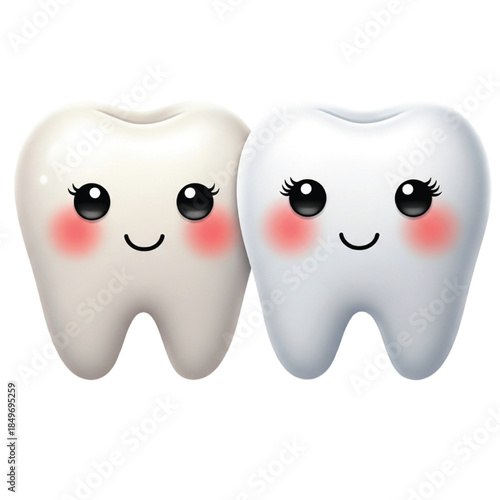 Two Cute Cartoon Teeth Hugging On White Background Keywords: tooth, teeth, dental, dentistry