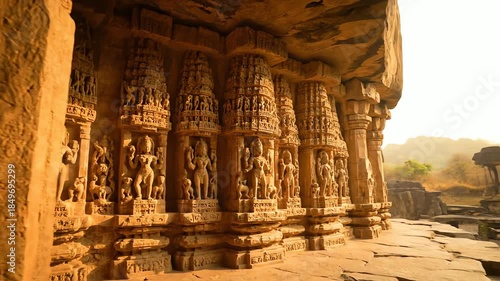Wallpaper Mural Cinematic slow reveal of an ancient rock cut temple with intricate stone carvings and pillars. Torontodigital.ca