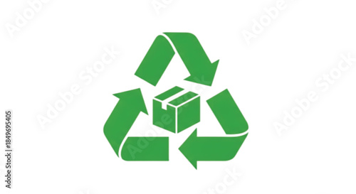 Green recycling symbol encircles a small cardboard box, representing sustainable shipping and eco-friendly packaging.