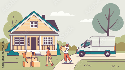 Two people carrying boxes from a moving van to their new yellow house in a pleasant neighborhood