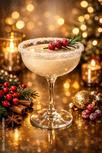 Luxury Christmas cocktail with frosted rim in glass, festive holiday drink for warm seasonal celebration. sophisticated vibe with soft glow background and cozy decor