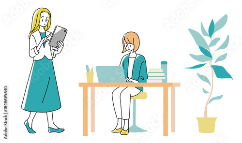 Two Women Working at Office – Desk Work and Tablet Use, Full Body, 20s 30s