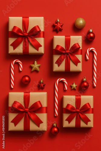 Joyful Christmas top view with festive gift box, ornament, and candy cane. cheerful holiday composition with items arranged neatly on bold red background for season
