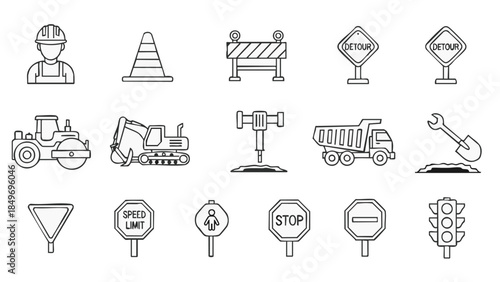 construction site icons set line style.