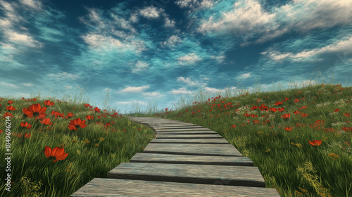 Wooden Path through Green Meadow with Red Flowers under Blue Sky for Mental Wellness