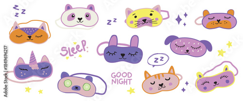 Kawaii Sleeping Masks Vector Collection for Bedtime, Stickers and Nursery Design. Kids Better Sleep Sticker Set with Cute Sleep Masks and Bedtime Icons