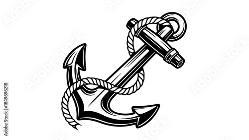 Classic nautical ship anchor with rope, a detailed monochrome illustration symbolizing stability, travel, and marine adventure design