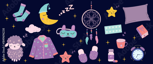 Set of items for better sleep. Insomnia and Better Sleep Concept Collection with Night Routine Icons. Bedtime Vector Collection with Sleep Icons, Pajamas, Sheep and Night Symbols