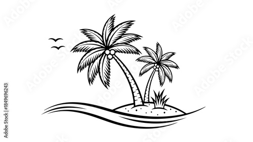 Monochromatic Tropical Island Paradise Illustration with Palm Trees and Ocean Wave for Summer Vacation Concepts and Travel Designs