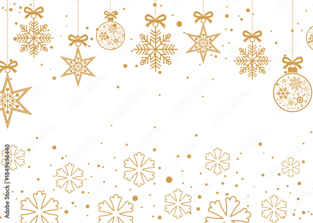 Fototapeta premium Elegant gold Christmas background with hanging snowflakes, stars and ornaments on white, minimalist festive border design ideal for holiday greeting cards, invitations, banners and seasonal winter pro