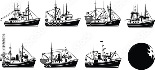 Fishing boat silhouette set showing trawlers and commercial vessels at sea with moon, maritime fishing industry vector illustration