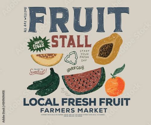 Fruit stall artwork. Redcurrant, papaya, redcurrant, lemon, avocado, pineapple, olive artwork. Many fruit in basket. Modern art design. Grocery item.