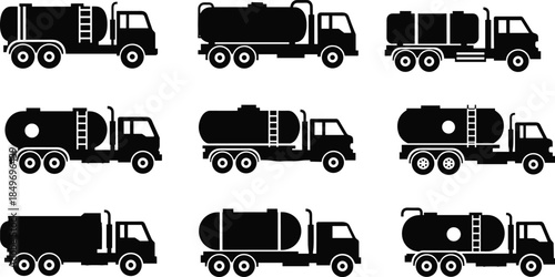 Industrial tanker truck silhouette set showing fuel oil water transport vehicles logistics fleet vector illustration collection isolated white background design