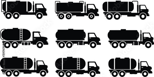 Tanker truck silhouette set showing fuel, water, and oil transport vehicles, industrial logistics vector illustration collection isolated on white