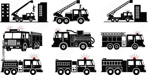 Fire truck and crane vehicle silhouette set showing emergency response, rescue operations, construction scenes, and firefighting equipment vector illustration