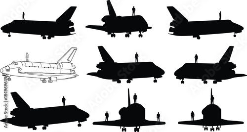 Space shuttle silhouette set showing multiple views with astronauts standing, reusable spacecraft vector illustration isolated on white background design collection