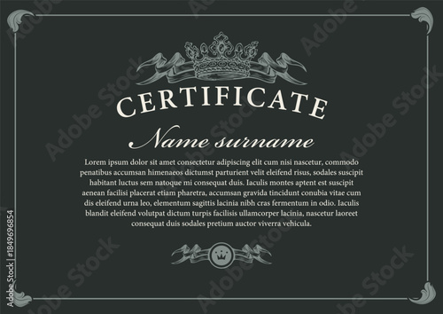 Vector banner for coffee shop or street cafe with space for text, ribbon and crown on beige background in frame. Certificate, menu, logo, label, invitation or greeting card in vintage style. No AI