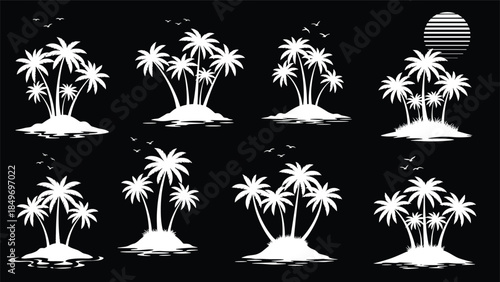 Collection of palm trees on small islands against a black background with a full moon visible
