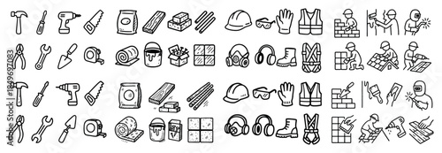 Construction tools and safety equipment icons set