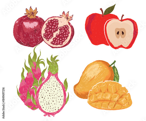 Tropical fruit set. Fruit artwork for for t shirt and poster. Fresh apple, mango, dragon and Pomegranate fruit artwork.