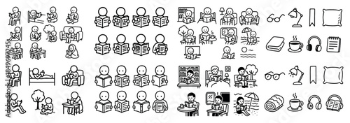 Line art people reading and relaxing activities
