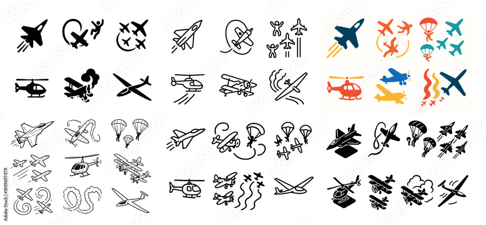 Obraz premium Diverse plane and helicopter icon collection