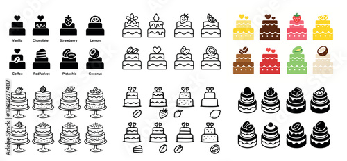 Variety of cake icons in color and outline styles
