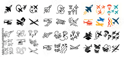 Diverse plane and helicopter icon collection