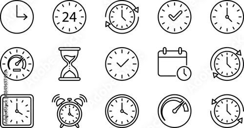 Time, clock, timer, schedule, deadline, calendar, alarm, stopwatch, hourglass, reminder, productivity, management, vector, outline, icon, set, interface, design
