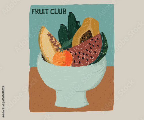 Fruit abstract art design  for t-shirt, poster, sticker and others. Melon, banana, watermelon, papaya and orange wall art. Mix fruit bowl design.