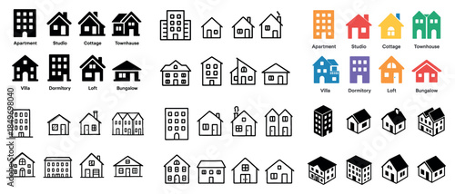 Variety of house icons in black and colorful styles