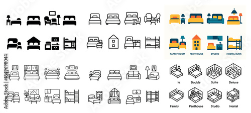 Minimalist room icons: family, penthouse, studio, hostel