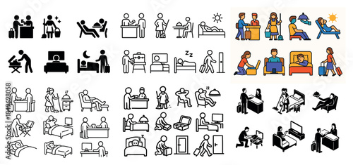 Illustrated scenes of people in various activities