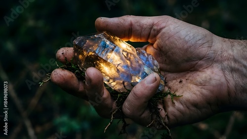 Hands holding a shiny turtle in nature.