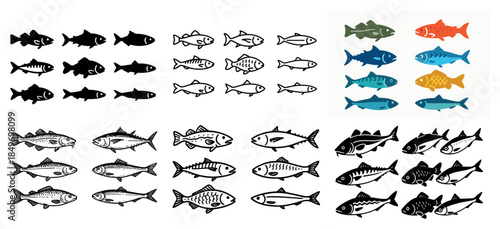 Diverse fish silhouettes and patterns collection