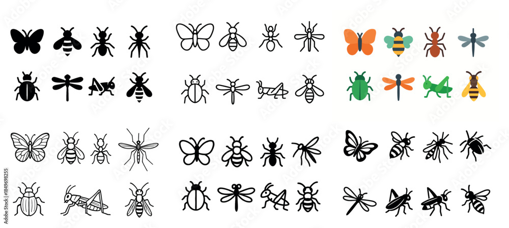 Fototapeta premium Insect icon collection: butterflies, bees, dragonflies