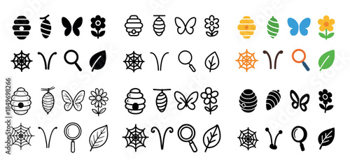 Nature icons: bees, butterflies, flowers, leaves
