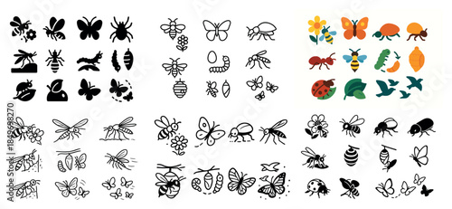 Diverse insect icons: butterflies, bees, bugs