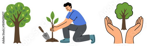 Save tree plantation concept illustration showing human planting sapling, green tree growth and hands protecting nature for environmental awareness. flat vector illustration